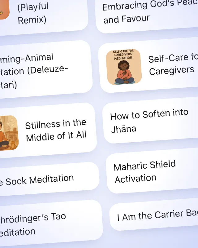 Titles of meditations people published on AIM Lab, from Becoming-Animal Meditation (Deleuze-Guattari) to Embracing God’s Peace and Favour and Headspace Reboot (Playful Remix).