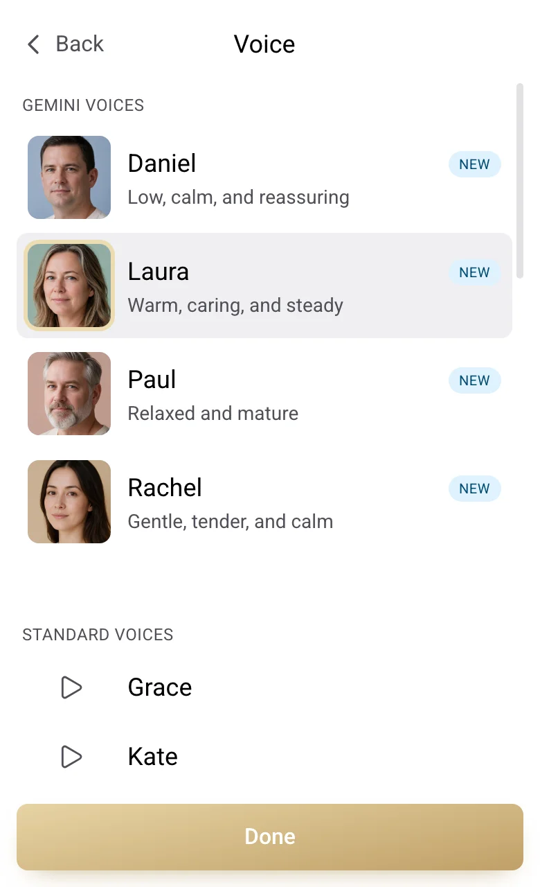 Playback Settings with Laura selected, and the voice list with Daniel, Laura, Paul and Rachel under Gemini voices.