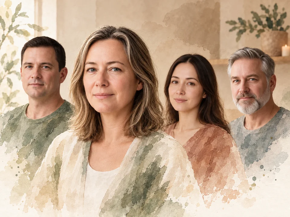 Watercolor portrait of the four Gemini voices, with Laura in front and Daniel, Rachel and Paul behind her.