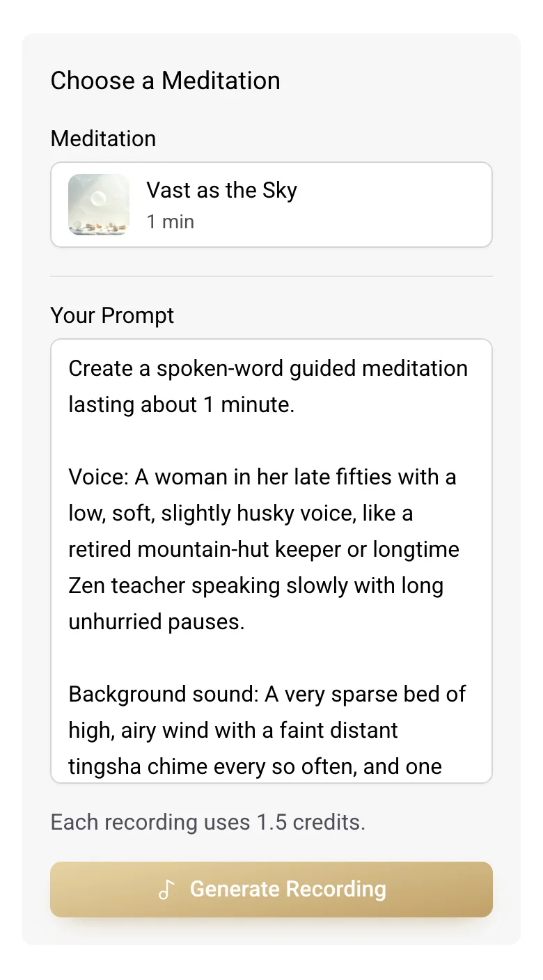 The Lyria prompt for Vast as the Sky, with Voice and Background sound lines above the script, and a Generate Recording button.