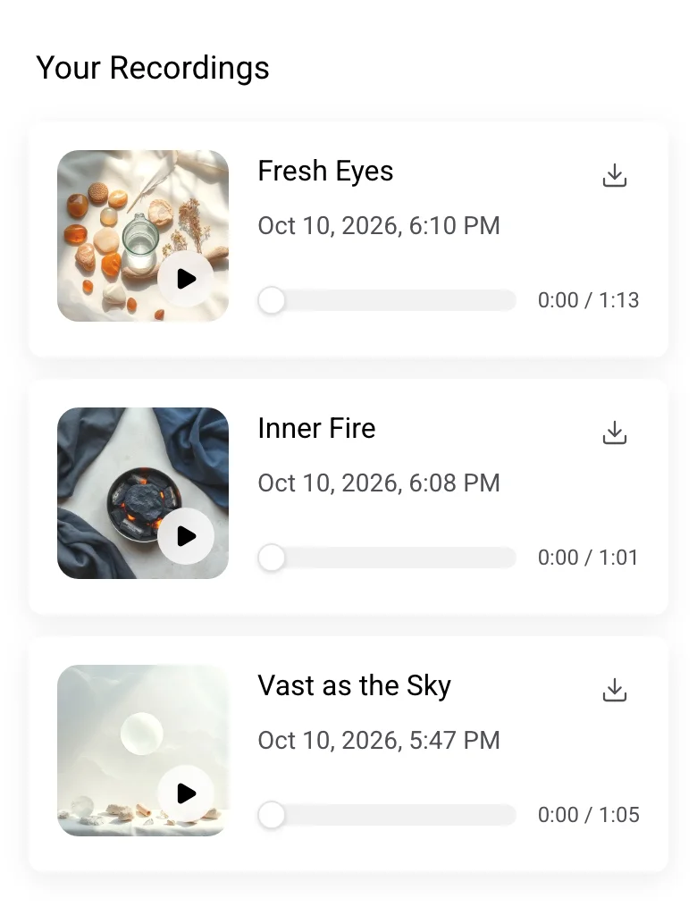 Three Lyria recordings, Fresh Eyes, Inner Fire and Vast as the Sky, each with its own cover and a progress bar.